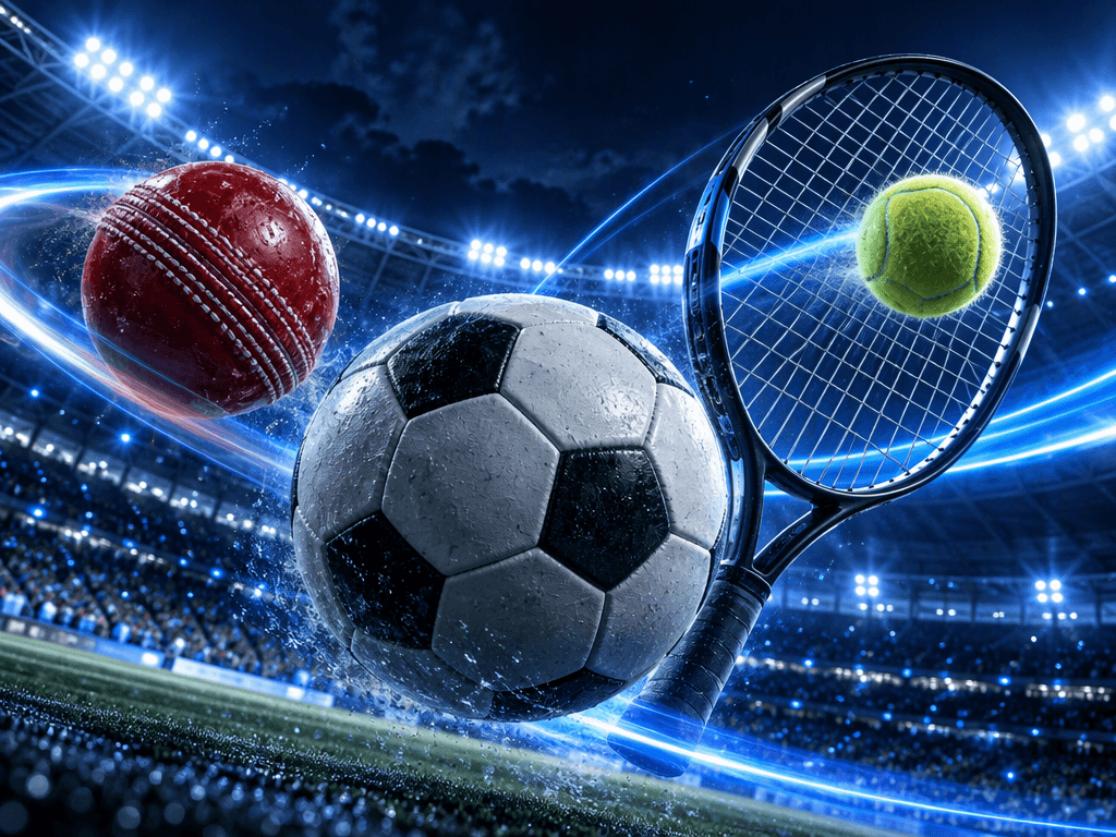 Cricket ball, football and tennis racket in front of a stadium, Maxwinexch live sports